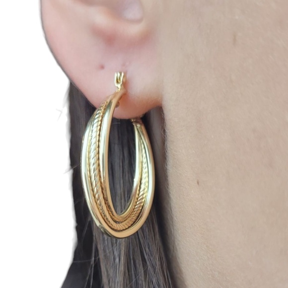 10K Yellow Gold Twisted 3 Band Hoop Earrings #21089 - Picture 6 of 6